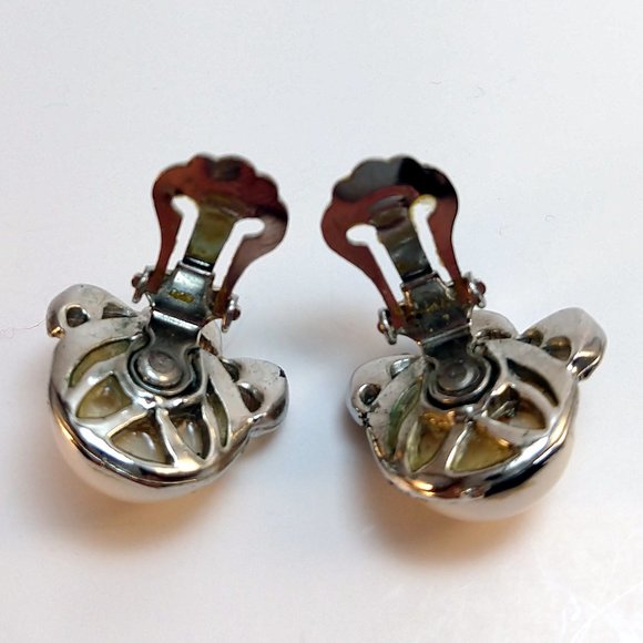Vintage 50s Clip Crystal Faux Pearl Earrings Art Nouveau Formal Party Midcentury - Picture 3 of 4